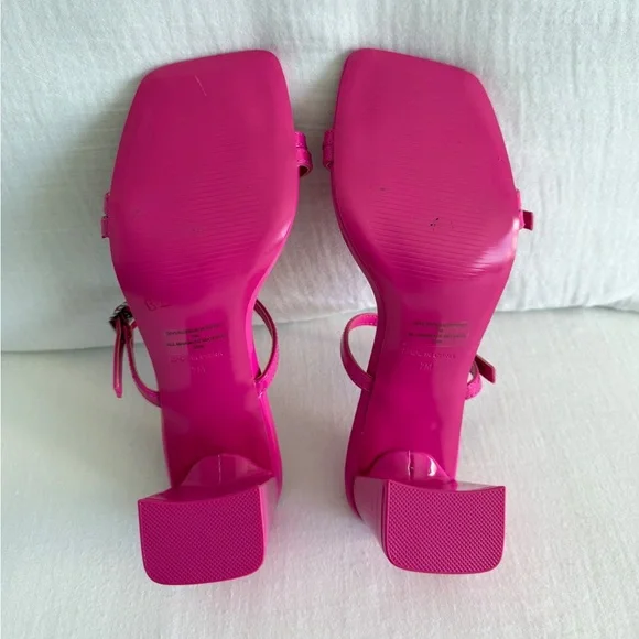 Steve Madden Hot Pink Strappy Block Heel Sandals w/ Rhinestone Buckles - Picture 5 of 6